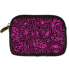 Hot Pink And Black Paisley Swirls Digital Camera Leather Case by SpinnyChairDesigns