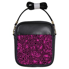 Hot Pink And Black Paisley Swirls Girls Sling Bag by SpinnyChairDesigns