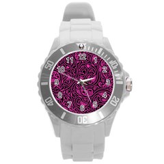 Hot Pink And Black Paisley Swirls Round Plastic Sport Watch (l) by SpinnyChairDesigns