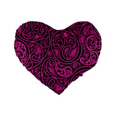 Hot Pink And Black Paisley Swirls Standard 16  Premium Heart Shape Cushions by SpinnyChairDesigns