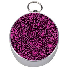 Hot Pink And Black Paisley Swirls Silver Compasses by SpinnyChairDesigns