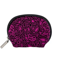 Hot Pink And Black Paisley Swirls Accessory Pouch (small) by SpinnyChairDesigns