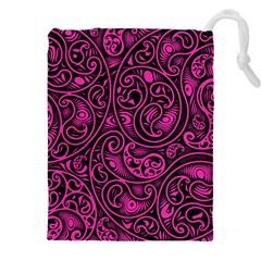 Hot Pink And Black Paisley Swirls Drawstring Pouch (4xl) by SpinnyChairDesigns