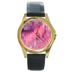 Pink Purple Diamond Pattern Round Gold Metal Watch by SpinnyChairDesigns