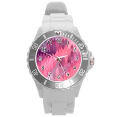 Pink Purple Diamond Pattern Round Plastic Sport Watch (l) by SpinnyChairDesigns