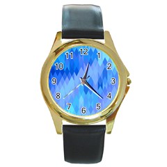 Aqua Blue Diamond Pattern Round Gold Metal Watch