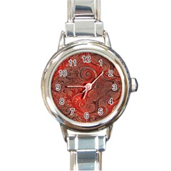 Scarlet Red Grey Brown Swirls Spirals Round Italian Charm Watch by SpinnyChairDesigns