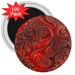 Scarlet Red Grey Brown Swirls Spirals 3  Magnets (100 Pack) by SpinnyChairDesigns