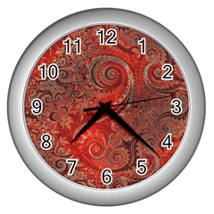 Scarlet Red Grey Brown Swirls Spirals Wall Clock (silver) by SpinnyChairDesigns