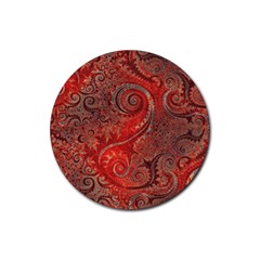 Scarlet Red Grey Brown Swirls Spirals Rubber Coaster (round)  by SpinnyChairDesigns