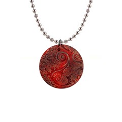 Scarlet Red Grey Brown Swirls Spirals 1  Button Necklace by SpinnyChairDesigns