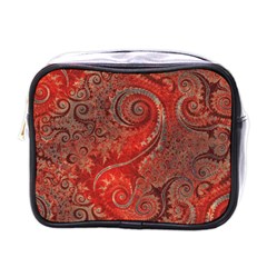 Scarlet Red Grey Brown Swirls Spirals Mini Toiletries Bag (one Side) by SpinnyChairDesigns