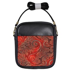 Scarlet Red Grey Brown Swirls Spirals Girls Sling Bag by SpinnyChairDesigns