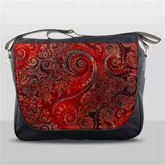 Scarlet Red Grey Brown Swirls Spirals Messenger Bag by SpinnyChairDesigns