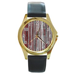 Abstract Grunge Stripes Red White Green Round Gold Metal Watch by SpinnyChairDesigns