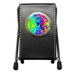 Abstract Art Tie Dye Rainbow Pen Holder Desk Clock by SpinnyChairDesigns