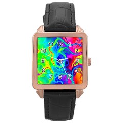 Abstract Art Tie Dye Rainbow Rose Gold Leather Watch  by SpinnyChairDesigns