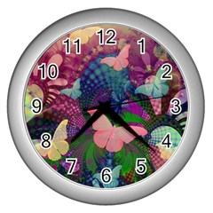 Butterfly Garden Art Wall Clock (silver) by SpinnyChairDesigns