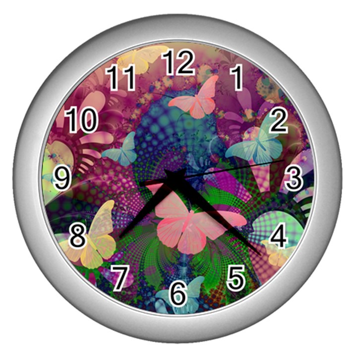 Butterfly Garden Art Wall Clock (Silver)