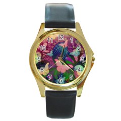 Butterfly Garden Art Round Gold Metal Watch by SpinnyChairDesigns