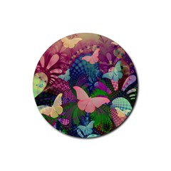 Butterfly Garden Art Rubber Coaster (round)  by SpinnyChairDesigns