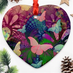 Butterfly Garden Art Heart Ornament (two Sides) by SpinnyChairDesigns