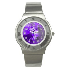 Violet Purple Flower Print Stainless Steel Watch by SpinnyChairDesigns