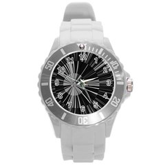 Abstract Black And White Stripes Round Plastic Sport Watch (l) by SpinnyChairDesigns