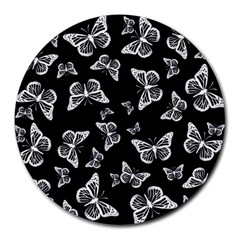 Black And White Butterfly Pattern Round Mousepads by SpinnyChairDesigns