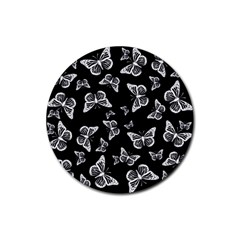 Black And White Butterfly Pattern Rubber Coaster (round)  by SpinnyChairDesigns