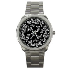 Black And White Butterfly Pattern Sport Metal Watch by SpinnyChairDesigns