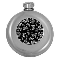 Black And White Butterfly Pattern Round Hip Flask (5 Oz) by SpinnyChairDesigns