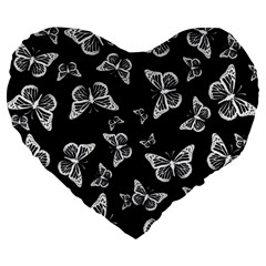 Black And White Butterfly Pattern Large 19  Premium Heart Shape Cushions by SpinnyChairDesigns