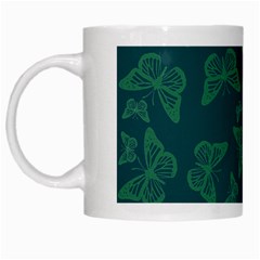 Midnight Green Butterflies Pattern White Mugs by SpinnyChairDesigns