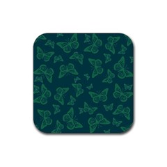 Midnight Green Butterflies Pattern Rubber Coaster (square)  by SpinnyChairDesigns