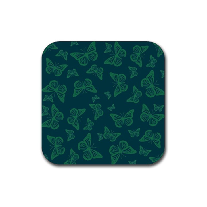 Midnight Green Butterflies Pattern Rubber Coaster (Square) 