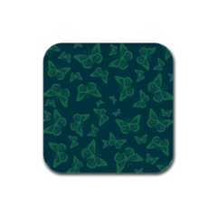 Midnight Green Butterflies Pattern Rubber Square Coaster (4 Pack)  by SpinnyChairDesigns