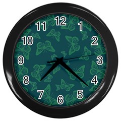 Midnight Green Butterflies Pattern Wall Clock (black) by SpinnyChairDesigns