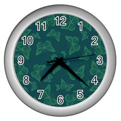 Midnight Green Butterflies Pattern Wall Clock (silver) by SpinnyChairDesigns