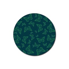 Midnight Green Butterflies Pattern Rubber Coaster (round)  by SpinnyChairDesigns