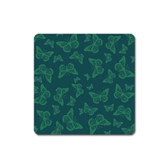 Midnight Green Butterflies Pattern Square Magnet by SpinnyChairDesigns