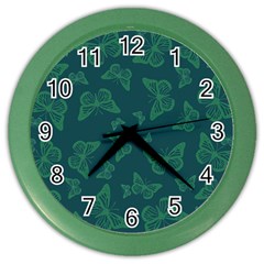 Midnight Green Butterflies Pattern Color Wall Clock by SpinnyChairDesigns