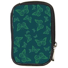 Midnight Green Butterflies Pattern Compact Camera Leather Case by SpinnyChairDesigns