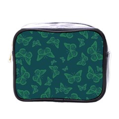 Midnight Green Butterflies Pattern Mini Toiletries Bag (one Side) by SpinnyChairDesigns