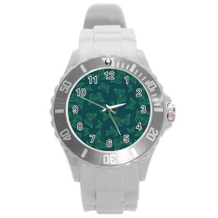 Midnight Green Butterflies Pattern Round Plastic Sport Watch (L)