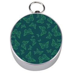 Midnight Green Butterflies Pattern Silver Compasses by SpinnyChairDesigns