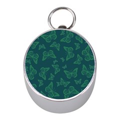 Midnight Green Butterflies Pattern Mini Silver Compasses by SpinnyChairDesigns