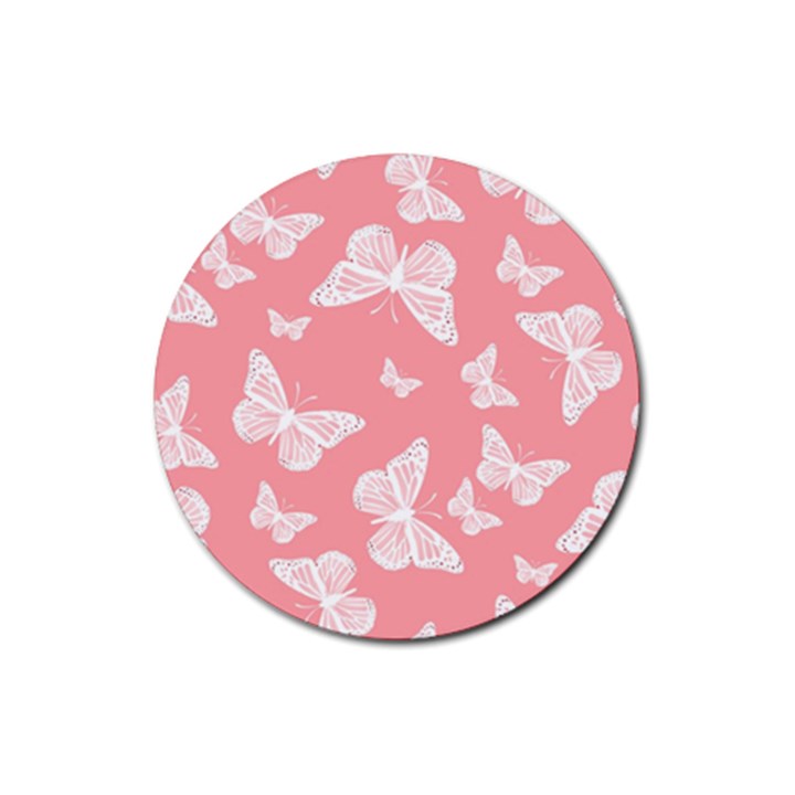 Pink and White Butterflies Rubber Round Coaster (4 pack) 