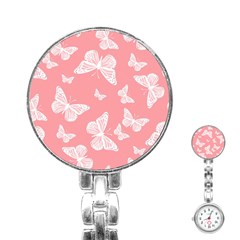 Pink And White Butterflies Stainless Steel Nurses Watch by SpinnyChairDesigns