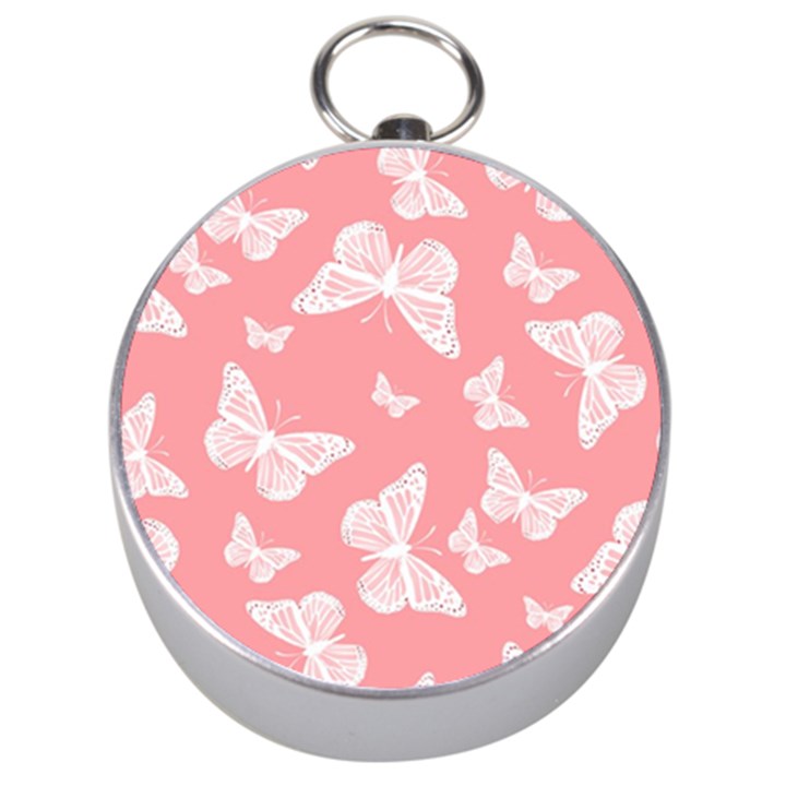 Pink and White Butterflies Silver Compasses